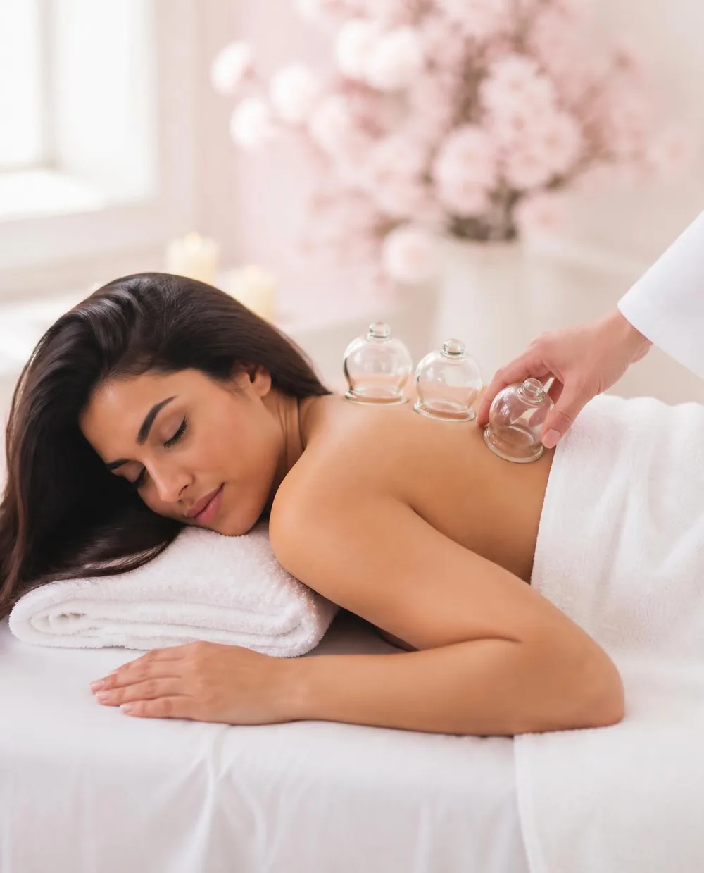Clear cupping cups on a relaxed guest’s upper back