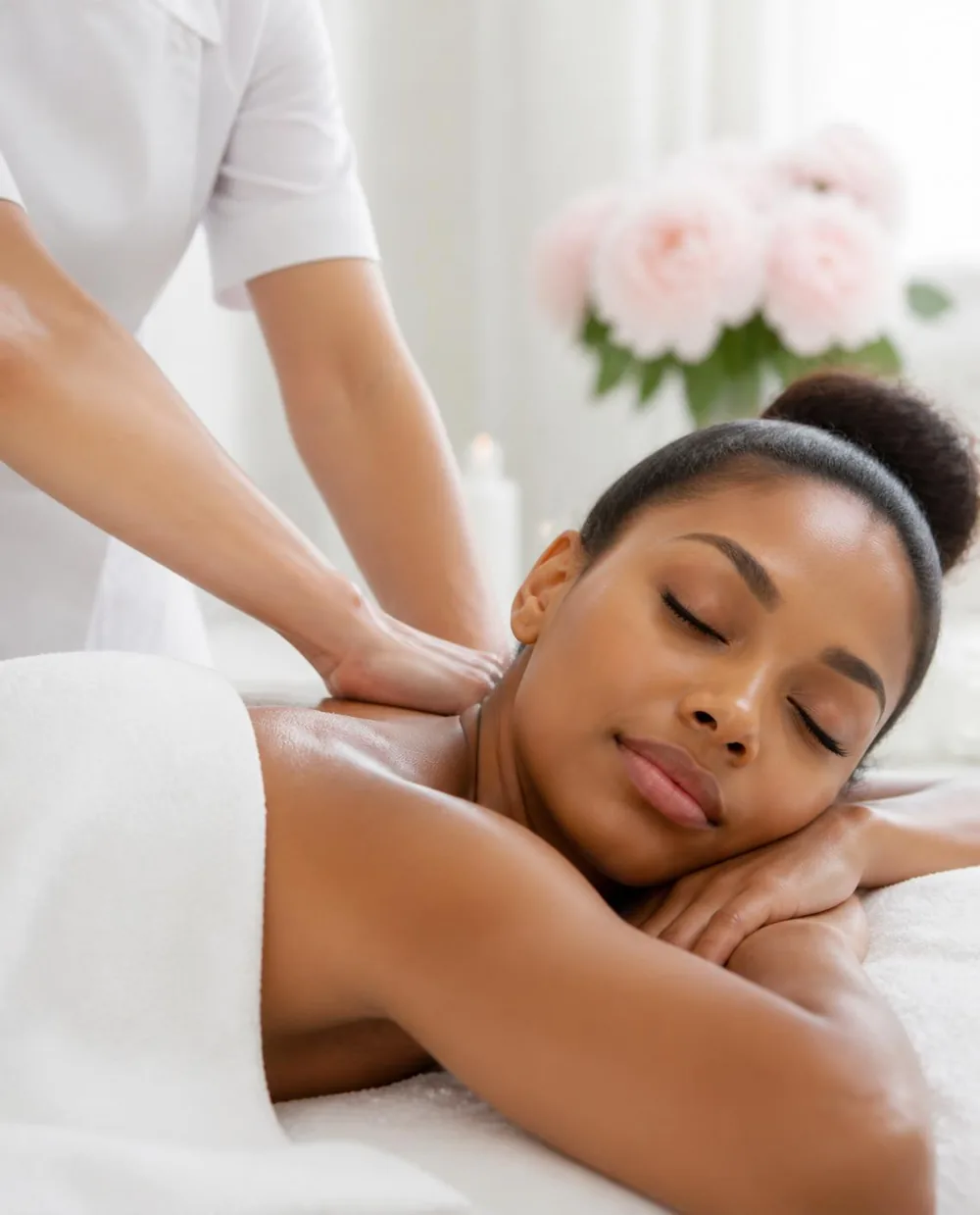 A therapist giving a focused shoulder massage to a relaxed guest