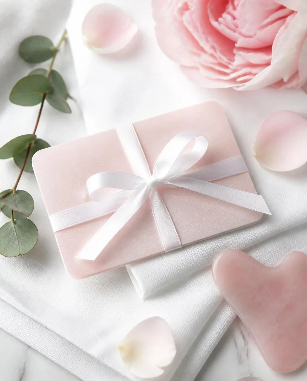A blush-pink gift card tied with a white ribbon among pink petals