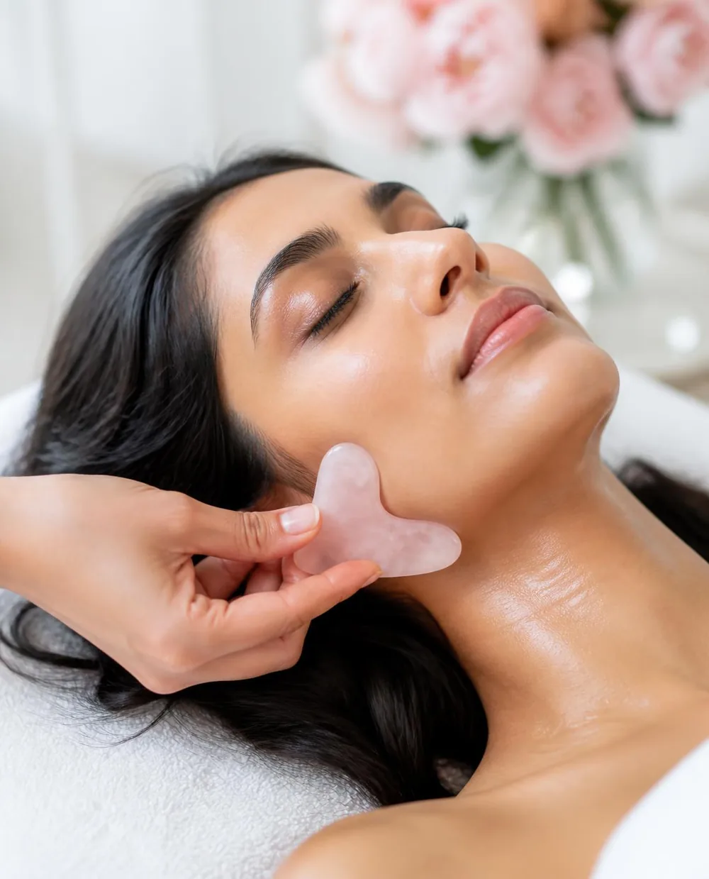 A rose-quartz gua sha stone gliding along a guest’s jawline