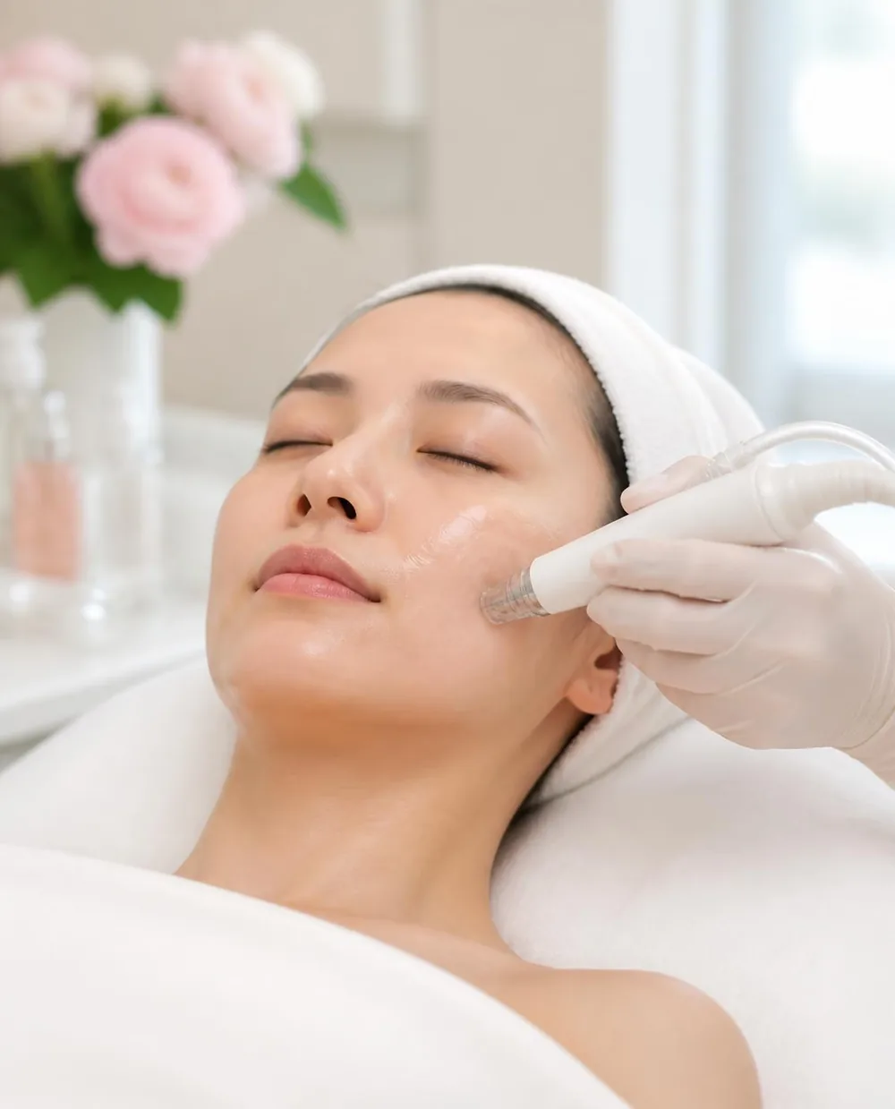 An esthetician using a hydrating facial wand on a guest’s cheek