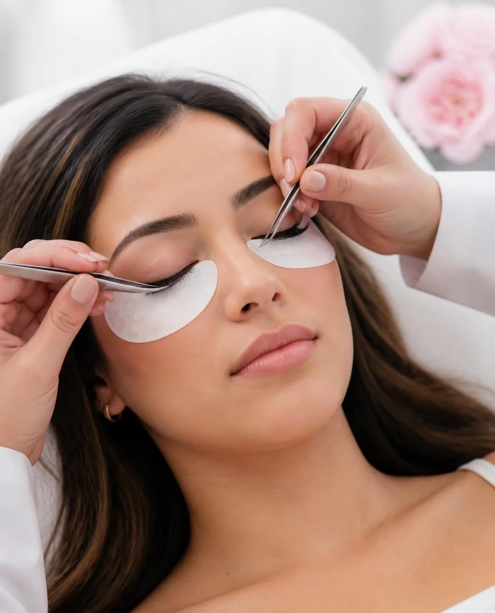 A lash specialist applying eyelash extensions to a relaxed guest