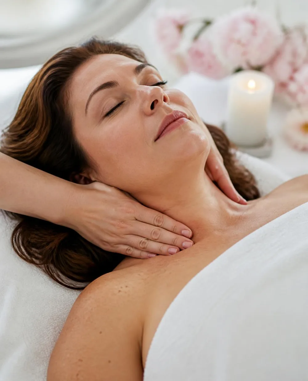 A therapist giving a gentle, light-touch neck and collarbone massage