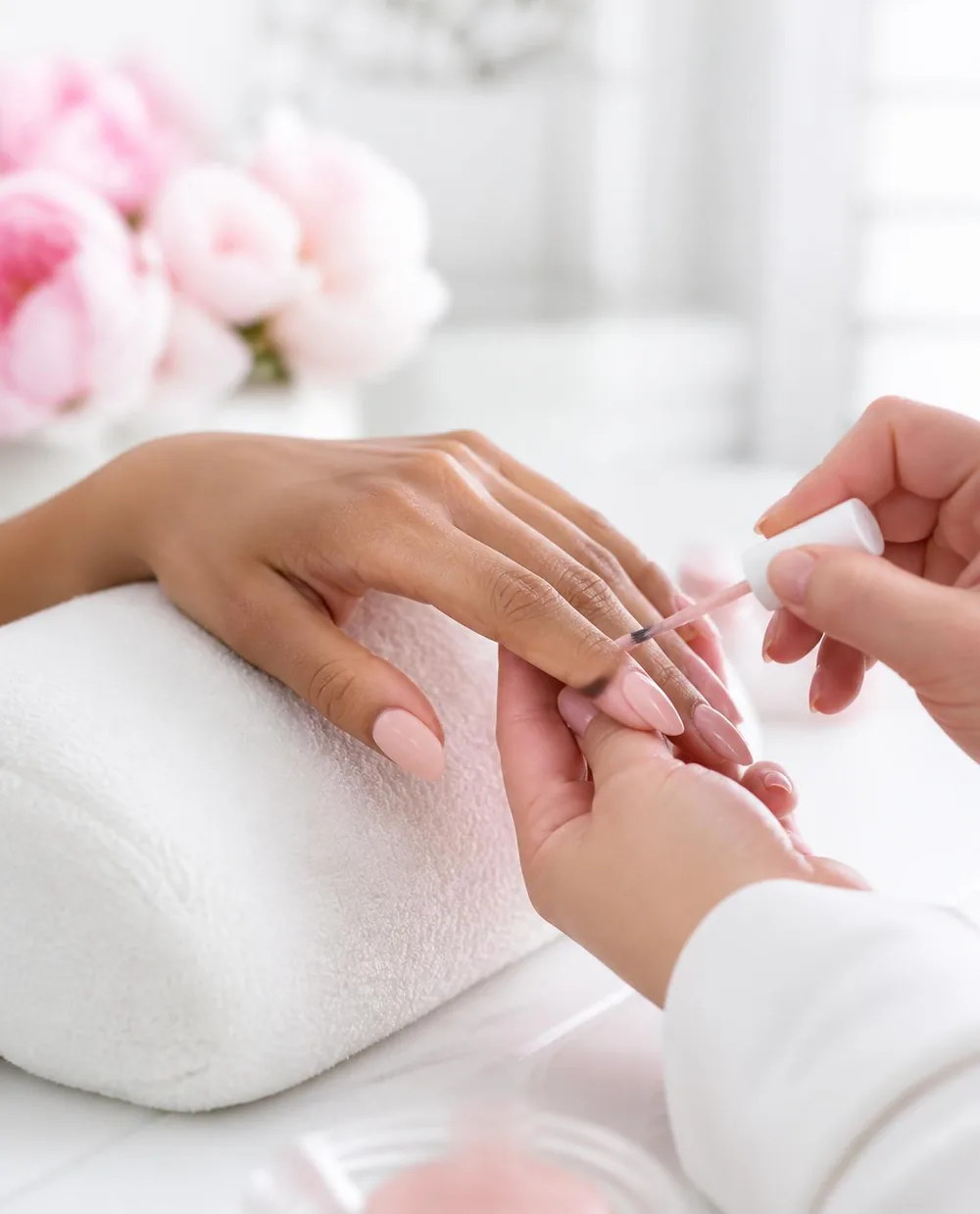 A nail specialist brushing soft pink polish onto a guest’s almond nails