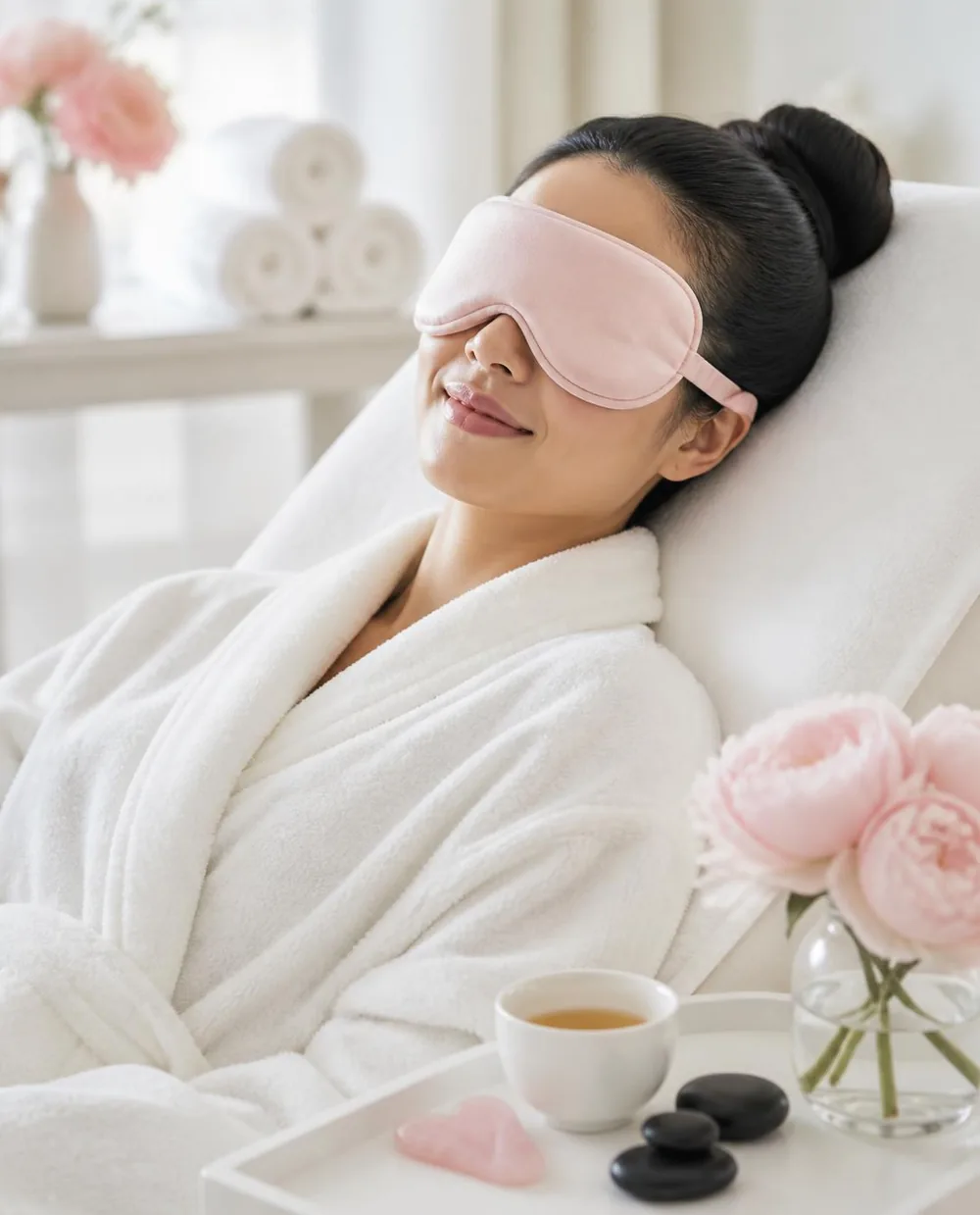 A guest relaxing in a robe and steam eye mask beside tea, hot stones and a gua sha stone