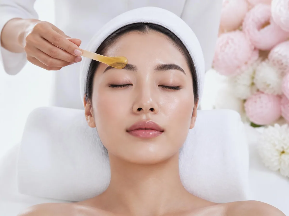 Warm honey wax being applied for a brow wax