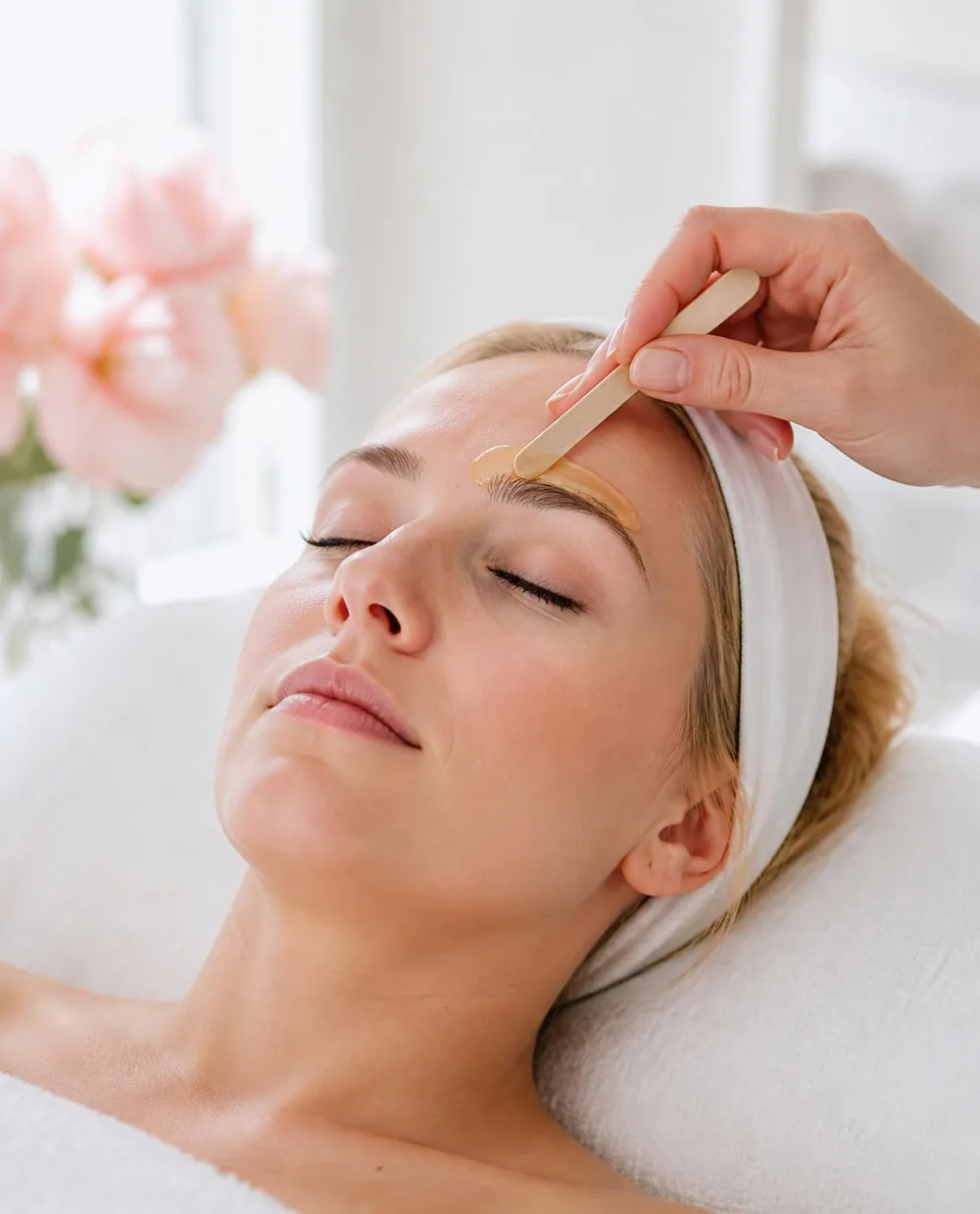Warm honey wax applied to a guest’s brow with a wooden spatula